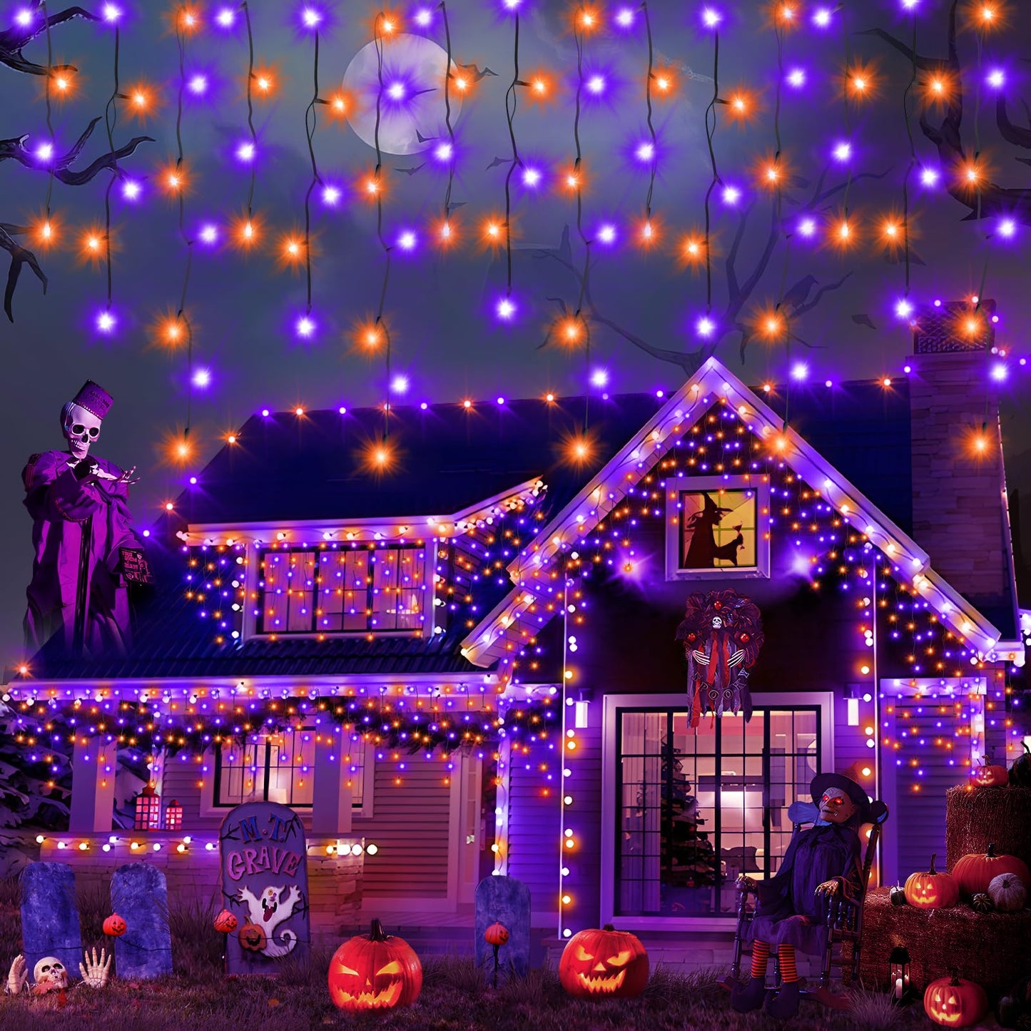 Heceltt Halloween Lights, 640 LED 66FT, Orange and Purple, Clear Wire, 8 Modes, Timer Memory Function, Model BG-CL3M3-306L01