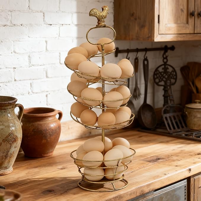 Vintage White Metal Spiral Egg Holder - Farmhouse Distressed Decor Egg Skelter Rack with Rooster Top, Storage Display Rack for Kitchen Countertop Decor (Gold)
