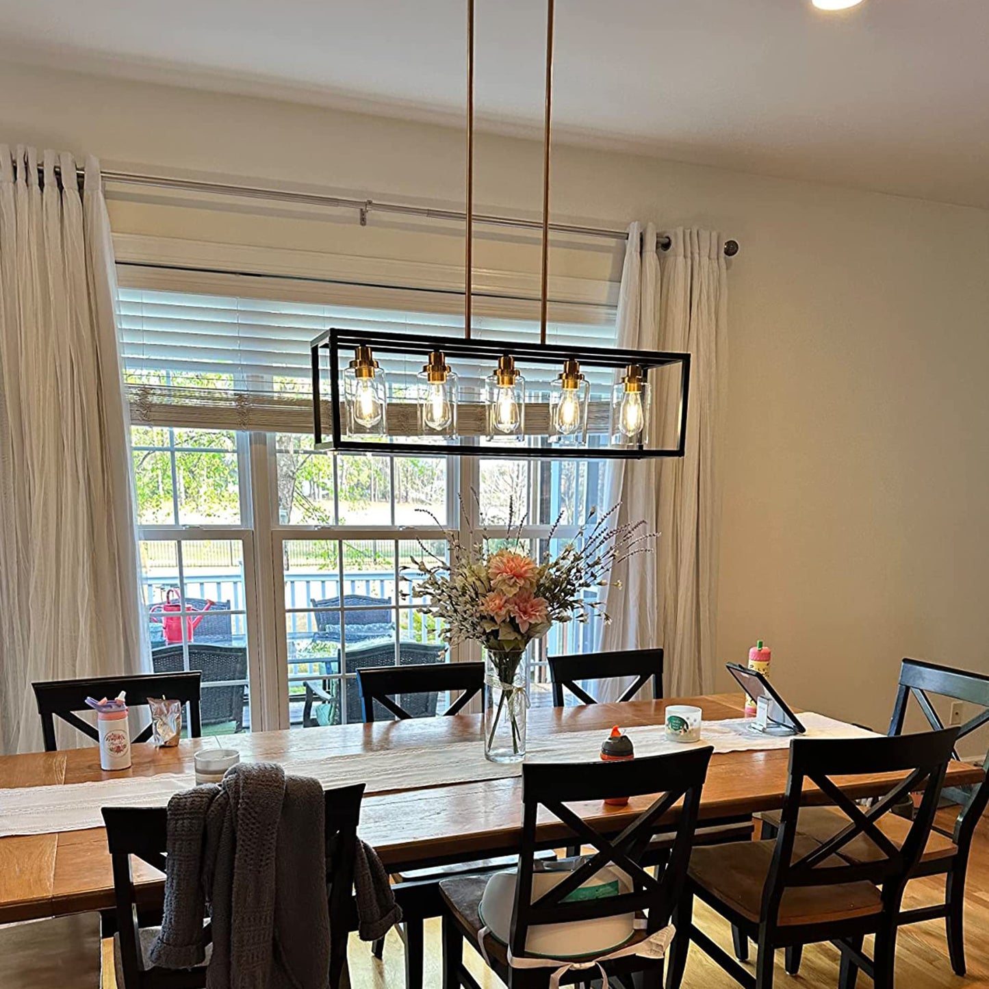 Melucee Black Rectangle Chandelier - 5 Light Linear Pendant Fixture, 36.2 Metal With Clear Glass Shade And Brushed Brass Socket