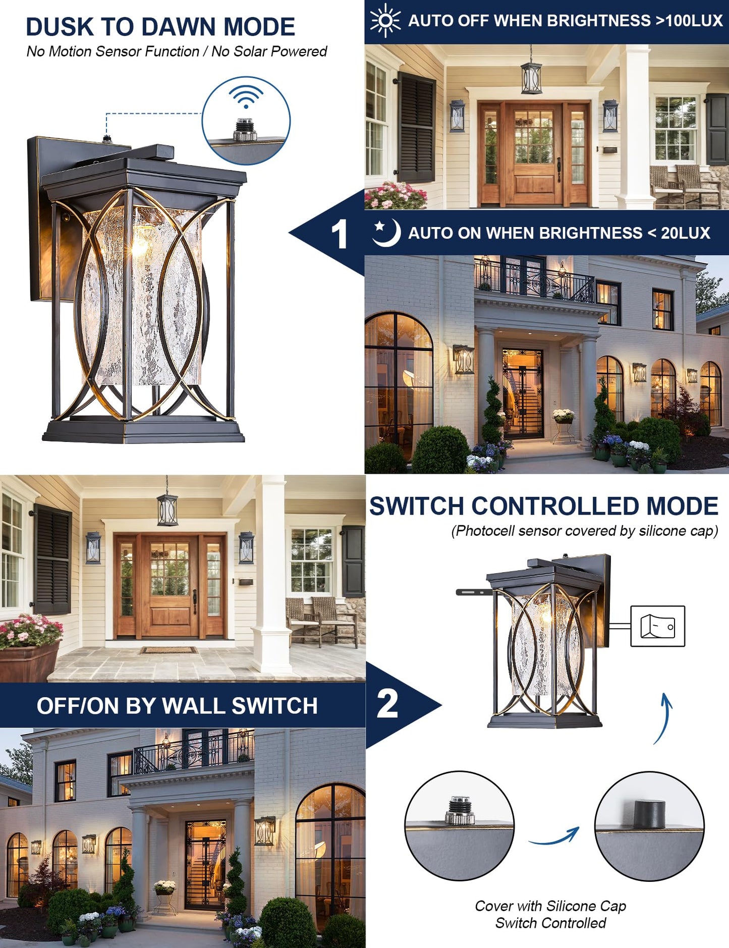 Delicavy Dusk To Dawn Outdoor Wall Light Black With Gold Trim Modern Exterior Sconce Aluminum Waterproof Coach Light Fixture With  -Like Glass Outside Wall Lantern For House Garage Porch Lighting