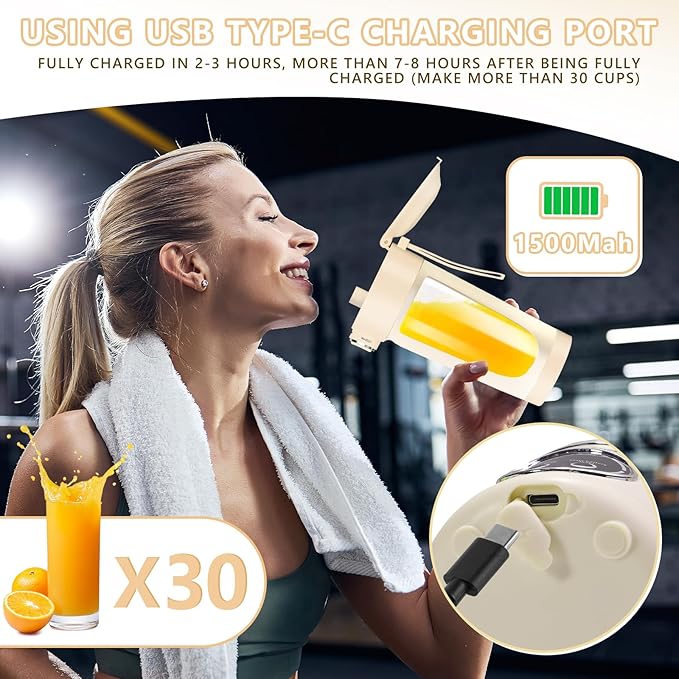 Portable Blender, Electric USB Type-C Juicer 3 Cup, 24 OZ BPA Free, Personal Juicer Shakes with Spout Lids, Smoothies Blender for Home, Kitchen, Office, Gym, Yellow