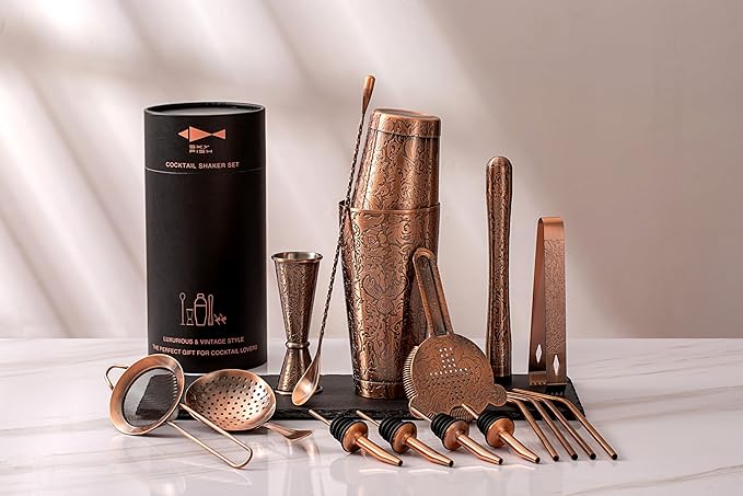 Sky Fish 3D Etched 18-Piece Bartender Kit Stainless Steel Boston Cocktail Shaker Set Copper Plated Bartending Tools Suit f...