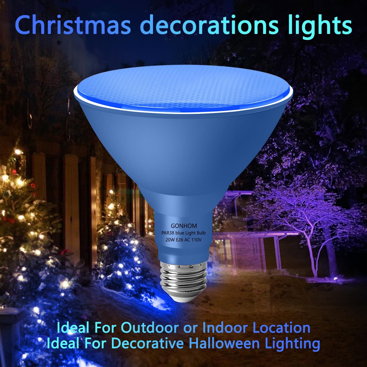 Gonhom Par38 Flood Lights Outdoor Dimmable Led Flood Light Bulbs 20W(Equivalent To 200W) E26 Base Outdoor Porch Holiday Lighting Led Flood Light Bulb For Halloween Christmas 4 Pack Blue