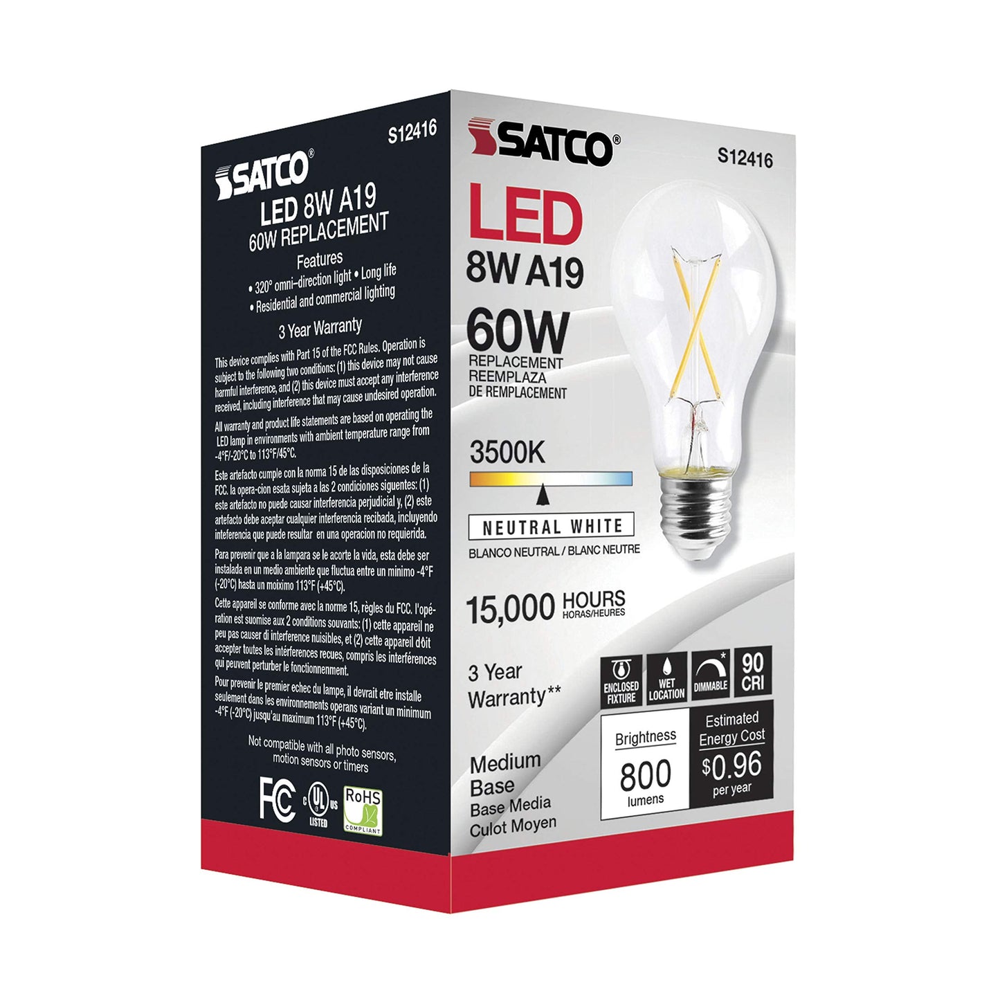 Satco S12416 Led A19 Warm White Light Bulbs, 8 Watt, 6 Pack, Glass, 3500K, E26