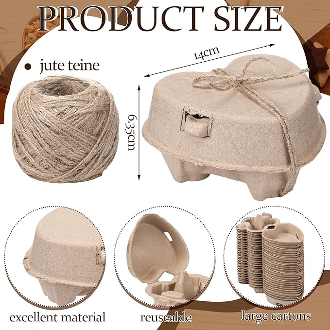 100 Pcs Easter Heart Shaped Eggs Cartons 3 Count Natural Paper Pulp Valentine Egg Cartons with Jute Rope Reusable Cardboard Storage Baskets Holder Tray for Kitchen Holiday Gifts Market Farm
