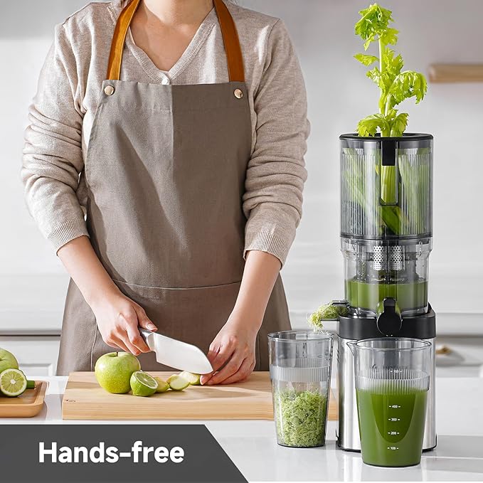 AMZCHEF Cold Press Juicer, 5.4" Juicer Machines with Large Feed Chute for Whole Fruits & Vegetables, Stainless Steel Juice Extractor with Large Auger, Triple Strainers, Easy Cleanup & Assembly