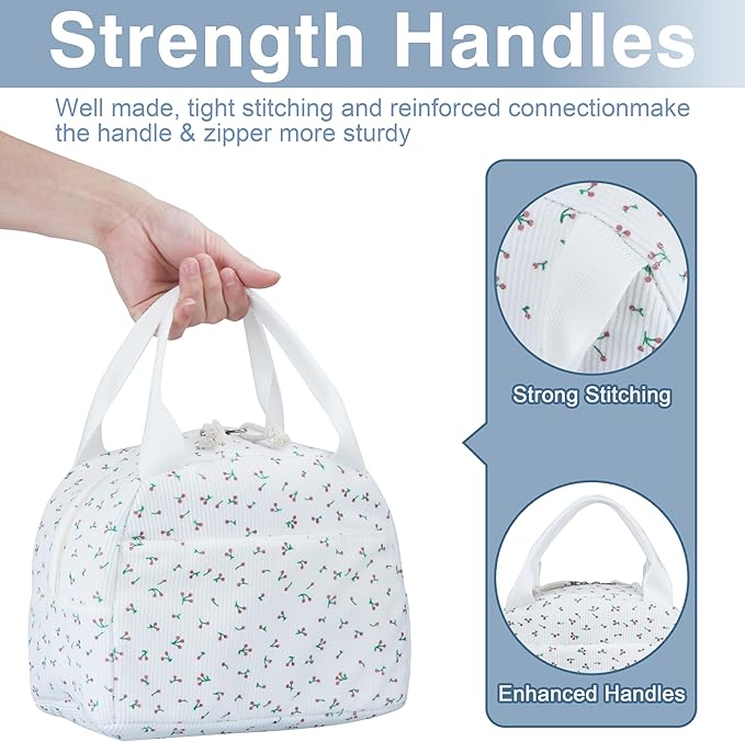 Lunch Bag - Insulated Lunch Box for Women, Reusable Large Capacity Cooler Bag for Adult, Small Leakproof Cute Corduroy Lunch Tote for Work Office Travel Picnic (Corduroy Cherry)