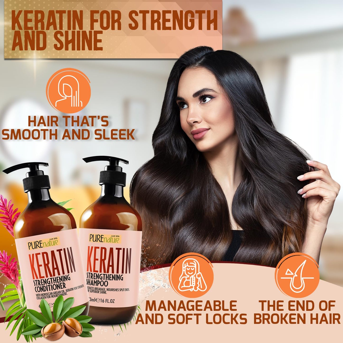Keratin Shampoo and Conditioner Set - Sulfate and Paraben Free Treatment for Dry Hair - Anti Frizz, Collagen Enriched Formula fo