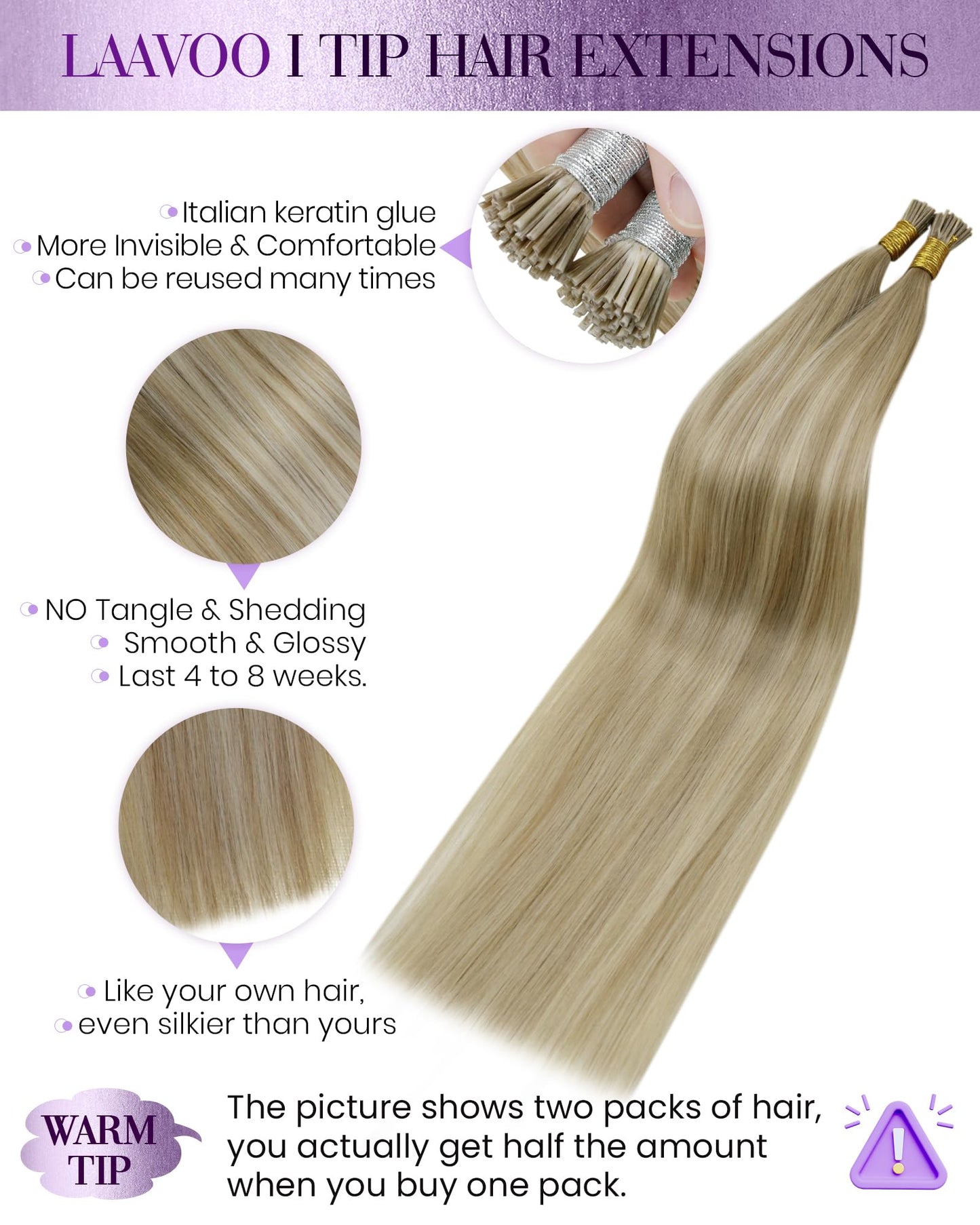 LaaVoo I Tips Hair Extensions Real Human Hair Blonde Itip Extensions Highlight Blonde I Tip Hair Extensions Human Hair Cold Fusi