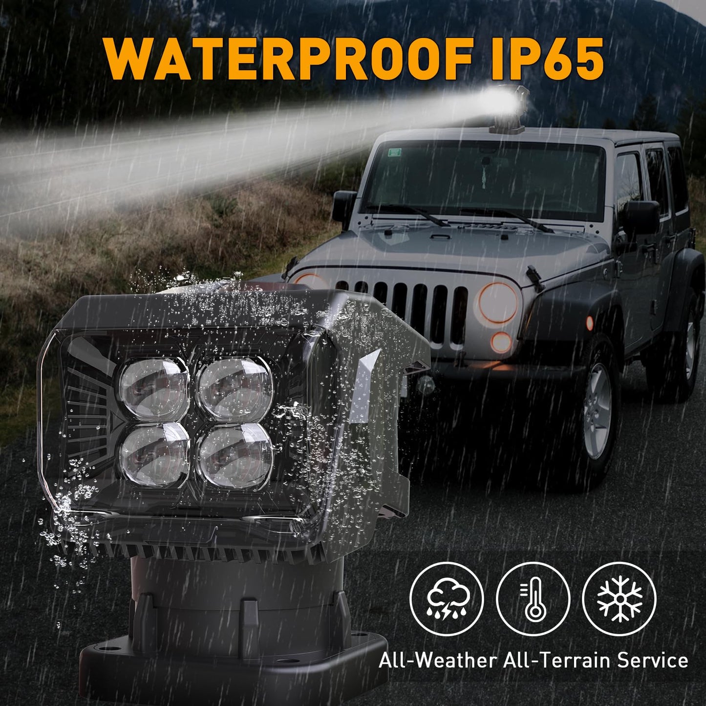 BORDAN 50W Remote Control LED Spotlight, 360° Rotating Searchlight, Black, ABS, Model CR069 for Trucks, Boats, Camping, Offroad