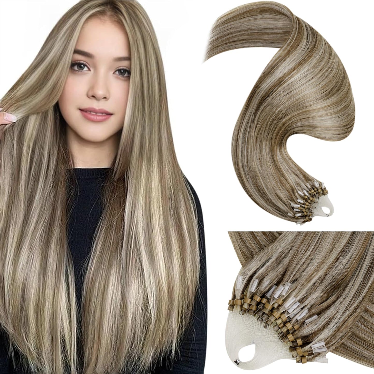 LaaVoo Micro Bead Hair Extensions Real Human Hair Highlight Micro Loop Hair Extensions Light Brown Highlighted with Platinum Blo