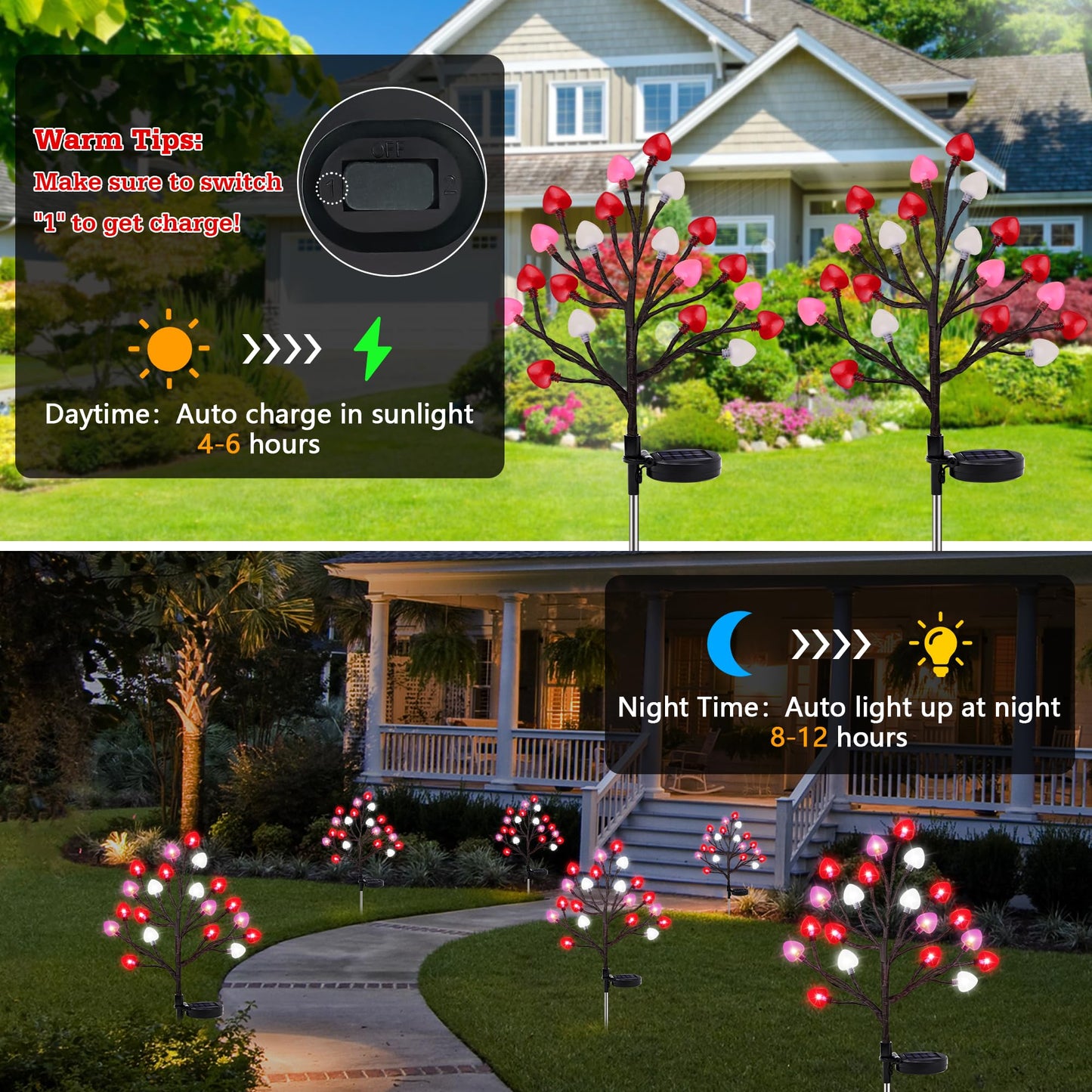2 Pack Valentine's Day Solar Outdoor Lights, Valentines Day Decor Red Pink White Heart Solar Valentine Lights, Valentines Day Solar Decorations Outdoor Garden Lawn Yard Decorations
