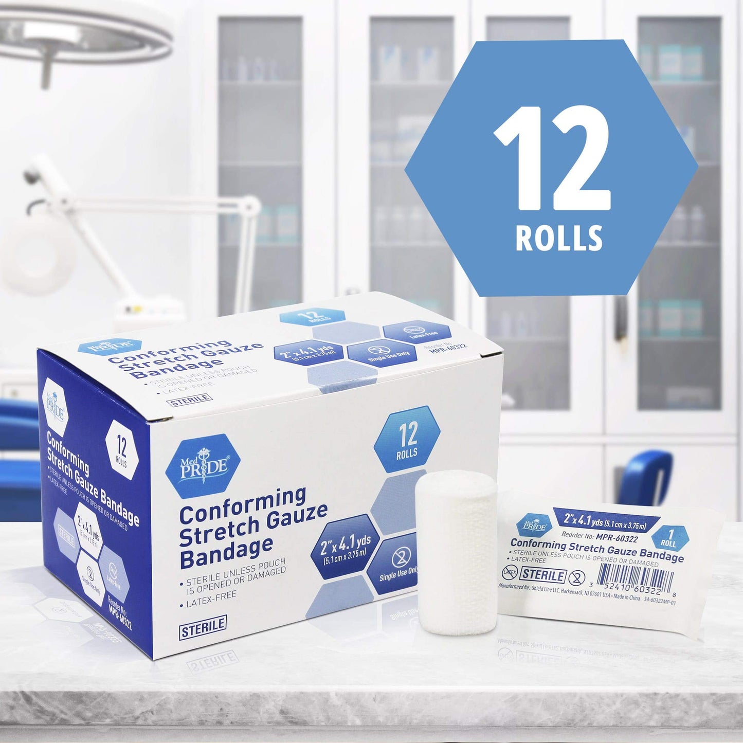 MED PRIDE 2 in Conforming Stretch Gauze Bandage Sterile Latex-Free Non-Adherent First Aid Wound Care Rolls (2x147.6 Inch (Pack of 12))