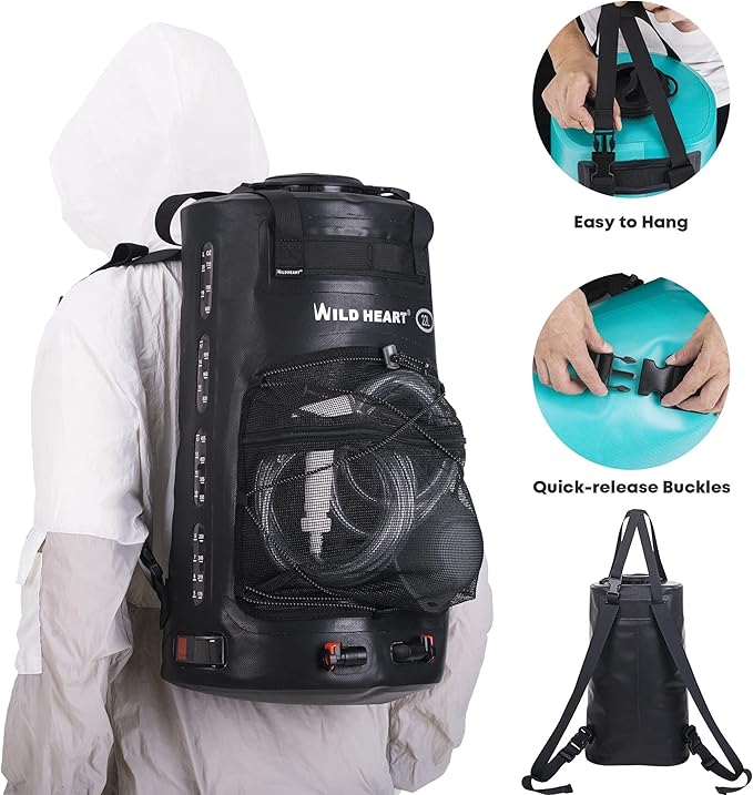 WILD HEART Camping Shower, 5.8 Gallons/22L Portable Camp Shower Bag with Upgraded Screw Lid, Water Level Window, Pressure Foot Pump, and Handy Nozzle, Solar Shower for Beach Camping Hiking Trip