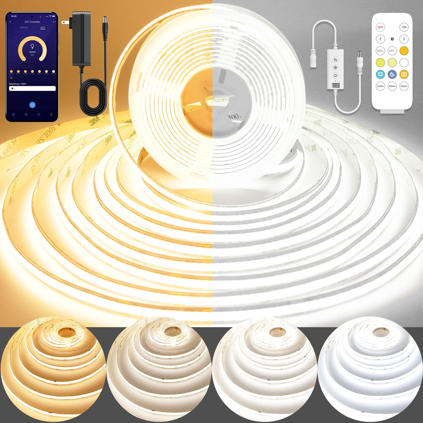 Pandery Cob Led Strip Light Cct Dimmable Strips Light 2700K-6500K 65Ft/20M 8Mm Wide Cri90+ 24V Led Strips Kit With Bluetooth App Control/Music Mode For Bedroom Kitchen Diy Lighting