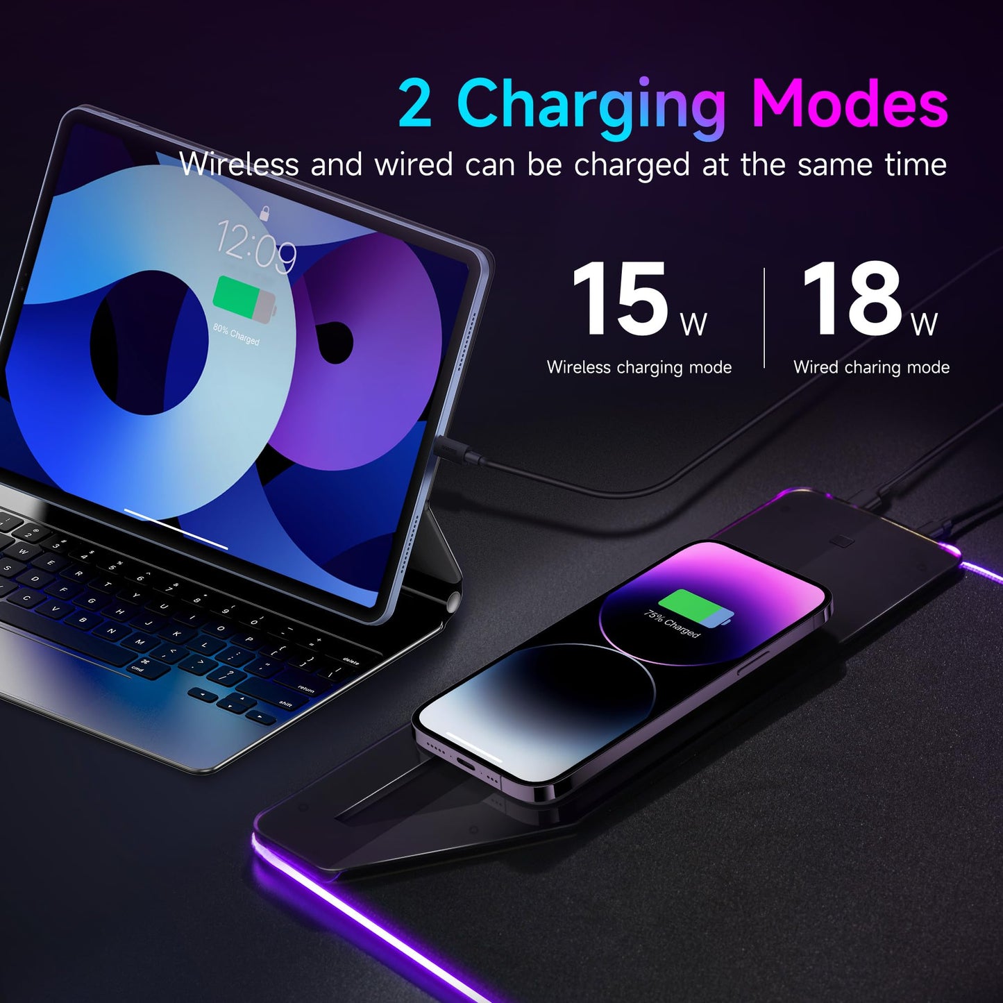 TMEHM Music Mouse Pad,RGB Mousepad Led Mouse Pad,15W Fast Wireless Charging Desk Pad,Premium Microfiber Cloth,Non-Slip Base,256 Light Modes Keyboard Pad