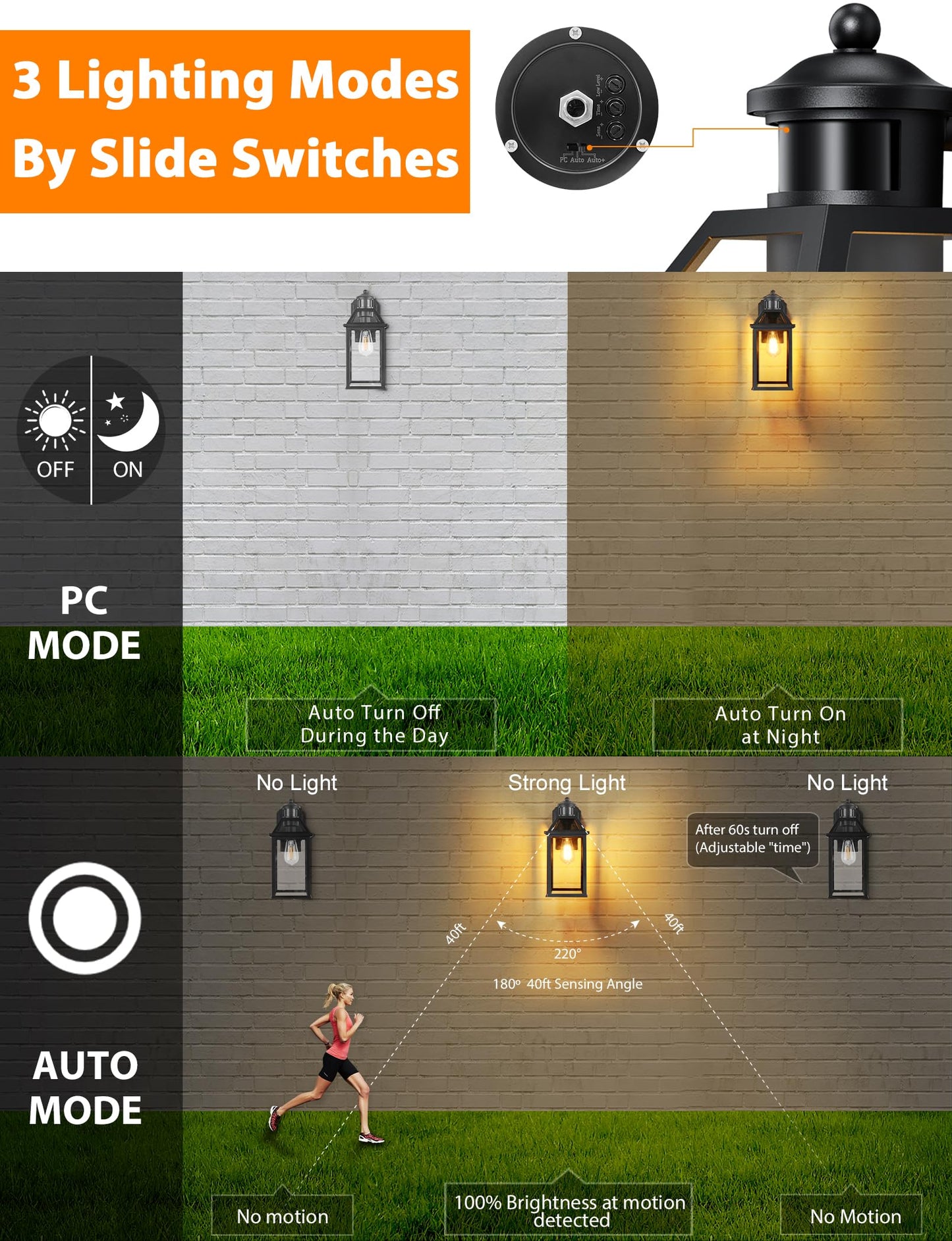 Porch Light With Gfci Outlet  14 Large Motion Sensor Outdoor Lights For House  Waterproof Exterior Lighting Fixtures  Black Anti-Rust Outside Wall Mount Sconce For Patio Front Door Entryway  E26