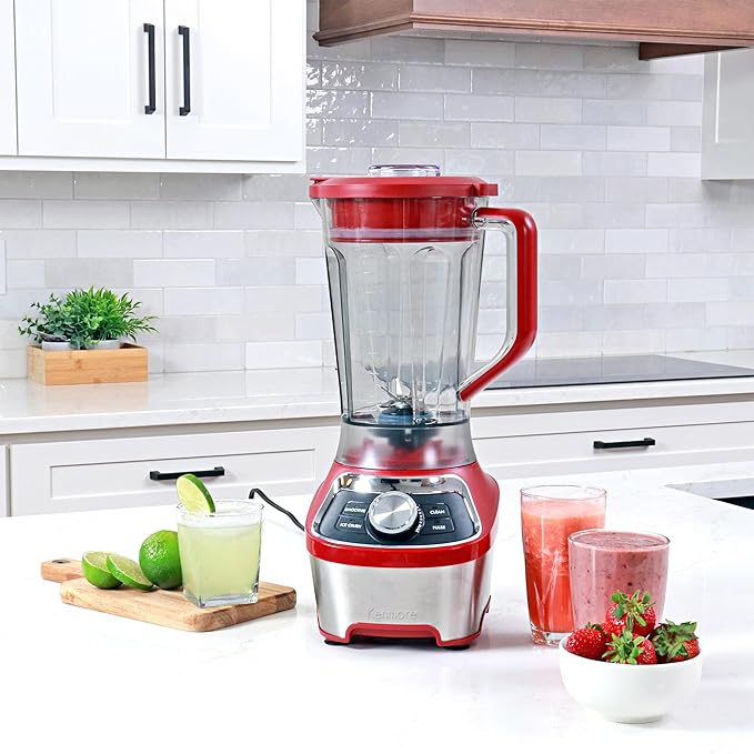 Kenmore Countertop Blender – Electric Mixer for Smoothies, Ice Crush & Pulse Function, Heavy Duty Plastic Pitcher, Kitchen Appliance, Dishwasher-Safe Jar, Red