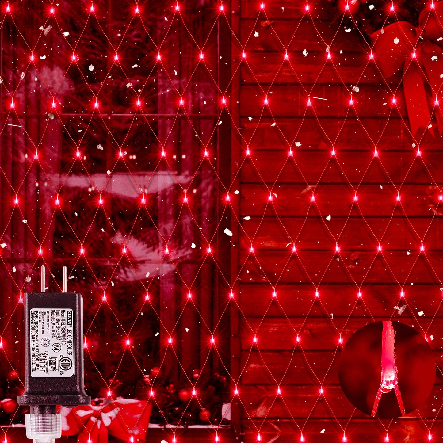 oopswow Christmas Net Lights, 192 LED, 8 Modes, 30V Low Voltage, 9.8ft x 6.6ft, Red, Model QX-U-O-N-