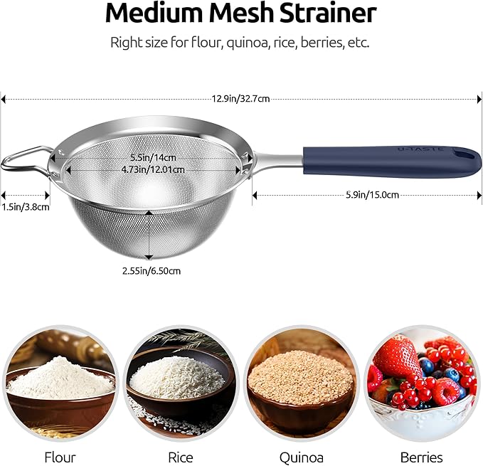 U-Taste Fine Mesh Food Strainer: 18/8 Stainless Steel 30 Mesh Kitchen Sieve with Sturdy Riveted Silicone Handle, Heavy Duty Deep Handheld Metal Colander (Small/3.35in+Medium/4.73, Midnight Blue)