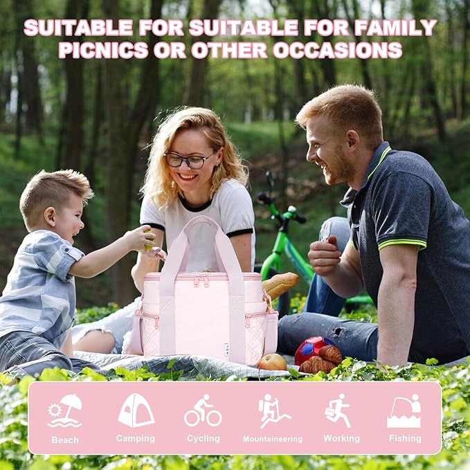 NOL Natural Organic Lifestyle Women's Nylon Lunch Cooler Cute Quilted Lunch Bag Large Leakproof Insulated Lunch Tote Bag for Work Picnic Travel,Pink