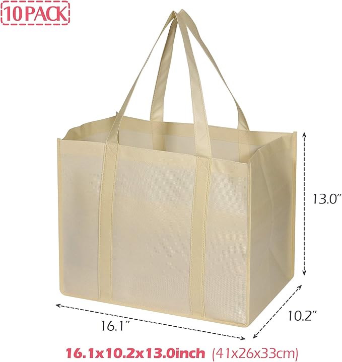DIOMMELL 10 Pack Reusable Grocery Bags Extra Large Super Strong Heavy Duty Shopping Tote Bags with Reinforced Handles, Beige