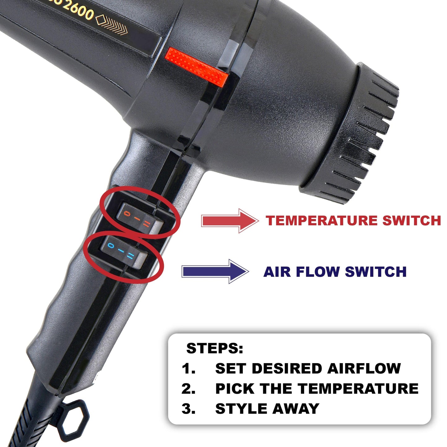 Turbo Power Twin Turbo 2600 Black Hair Dryer + M Hair Designs Tangle Stop Cord Detangler (Bundle) - Fast Drying Professional Blo