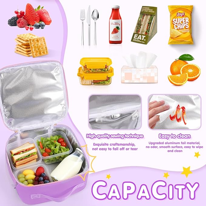 Lunch Bag Kids,Insulated Lunch Bag With Adjustable Shoulder Strap,Reusable Lunch Bag for Kids, Girls,Boys, lunch Bag Women,Preppy Lunch Box for School,Travel, Picnic (purple)