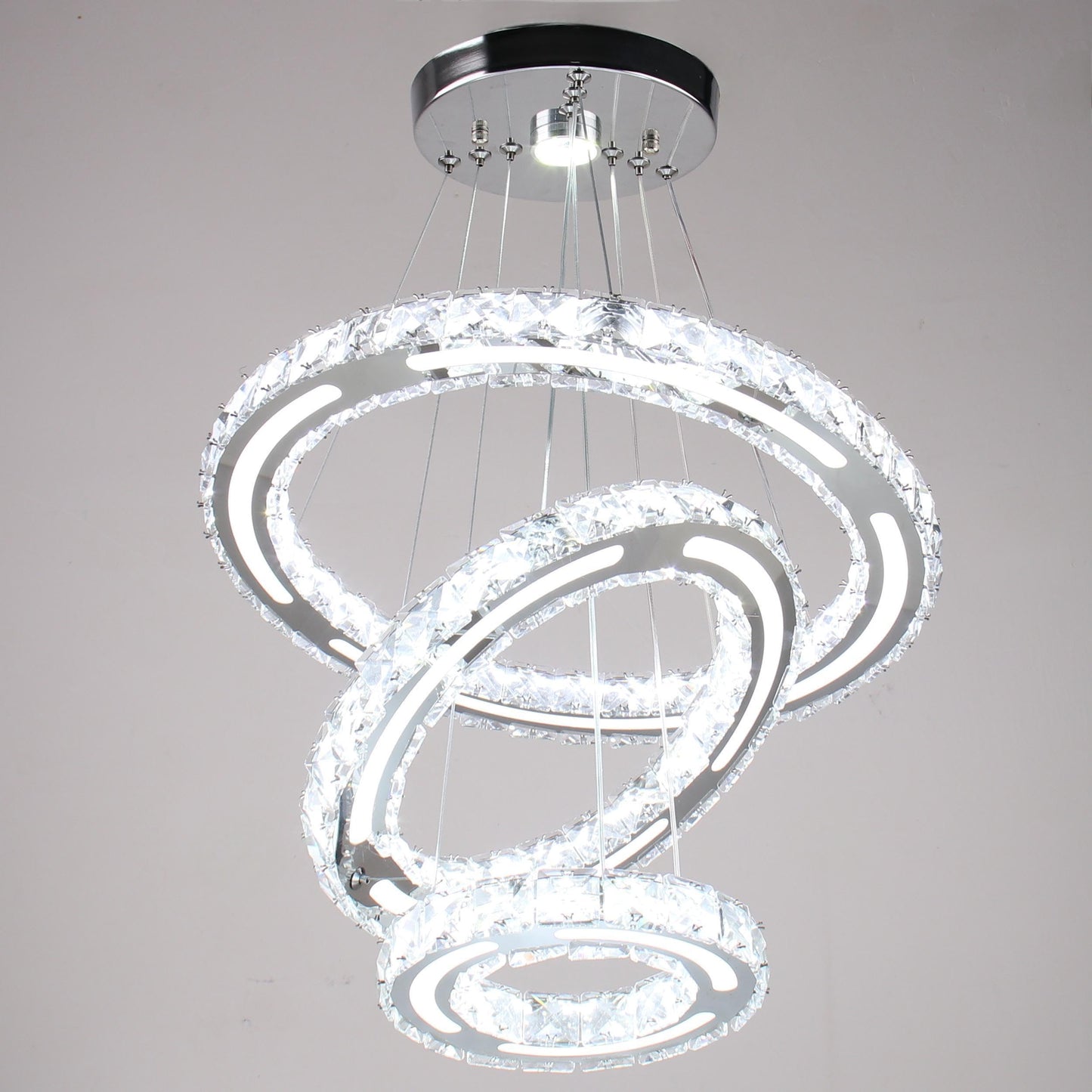 CXGLEAMING Modern LED Chandelier 3 Rings Adjustable Crystal Pendant Light 180mm Base White Light 153 Crystals