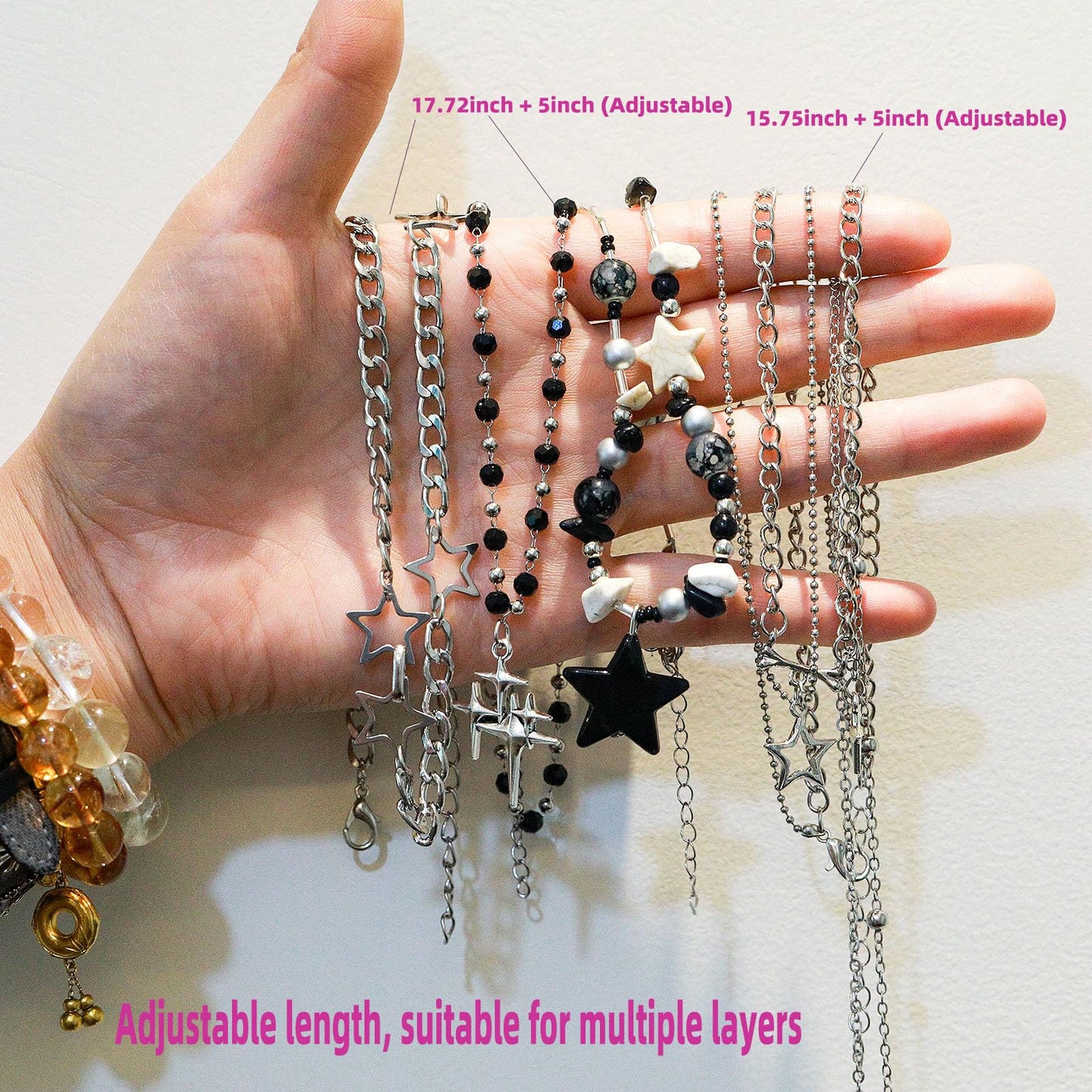 LIRUNQIN 5PCS Y2K Gothic Necklace Set – Star Pendant, Beaded Silver Chain, Grunge Emo Jewelry Pack – Alt Accessories for Women– Fairy Grunge, Alternative, Goth & Y2K Jewelry