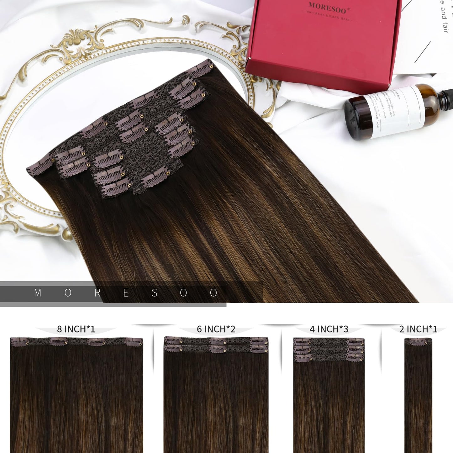 Moresoo Clip in Hair Extensions Real Human Hair Ombre Dark Brown to Chestnut Brown Double Weft Clip in Human Hair Extenisons Bal