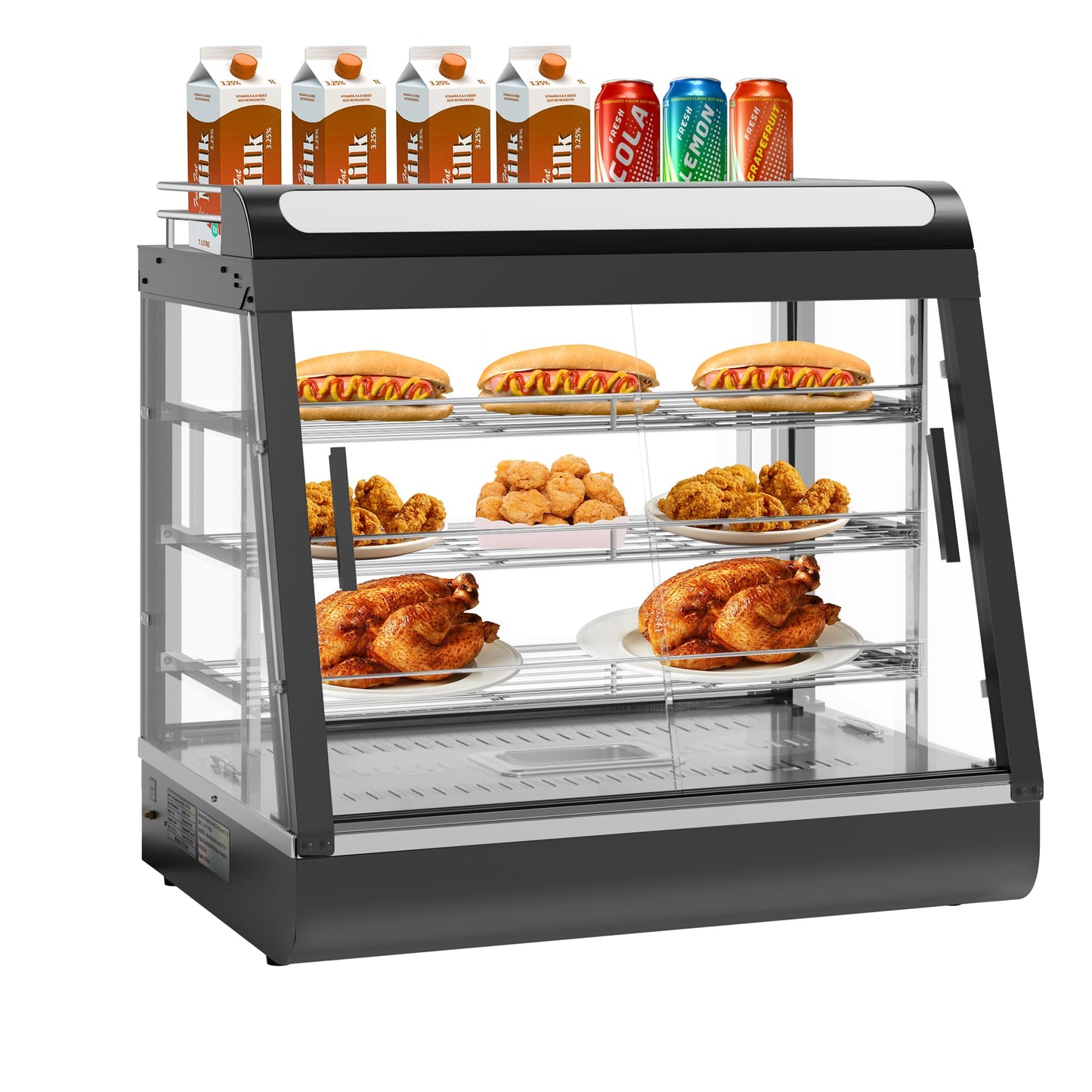 27 inch Countertop Food Warmer Display Case, 3-Tier Commercial Food Warmers with Top Rack for Milk/Bottles for Pizza/Pretzel, 3-Color Lighting, w/Thermometer for Cafeteria Kitchen Restaurant