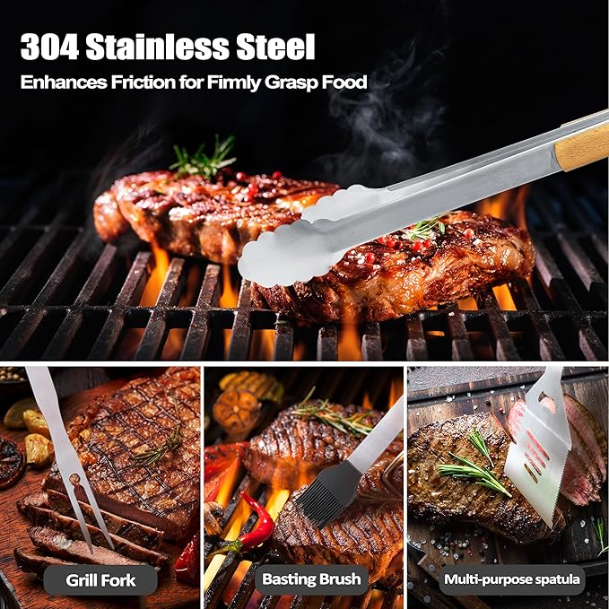 Grandpa Gifts from Grandkids, Grilling Gift Heavy Duty Wooden BBQ Grilling Accessories Kit, Thick Stainless Steel Grill Utensils with Non-Slip Handle Tools in Portable Bag on Christmas