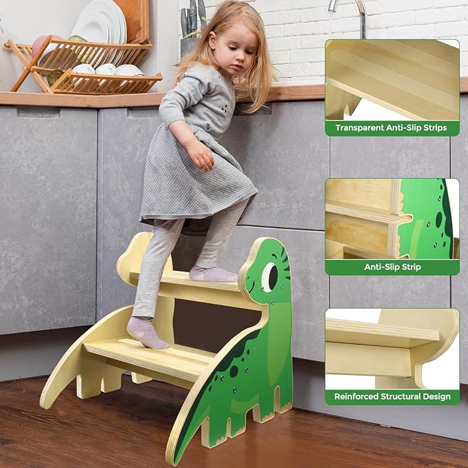 Toddler Step Stool, 2-Step Wooden Step Stool for Toddlers with Non-Slip Base, Cute Printed Design Potty Training Stool for Bathroom Sink, Kitchen & Bedroom (Dinosaur)