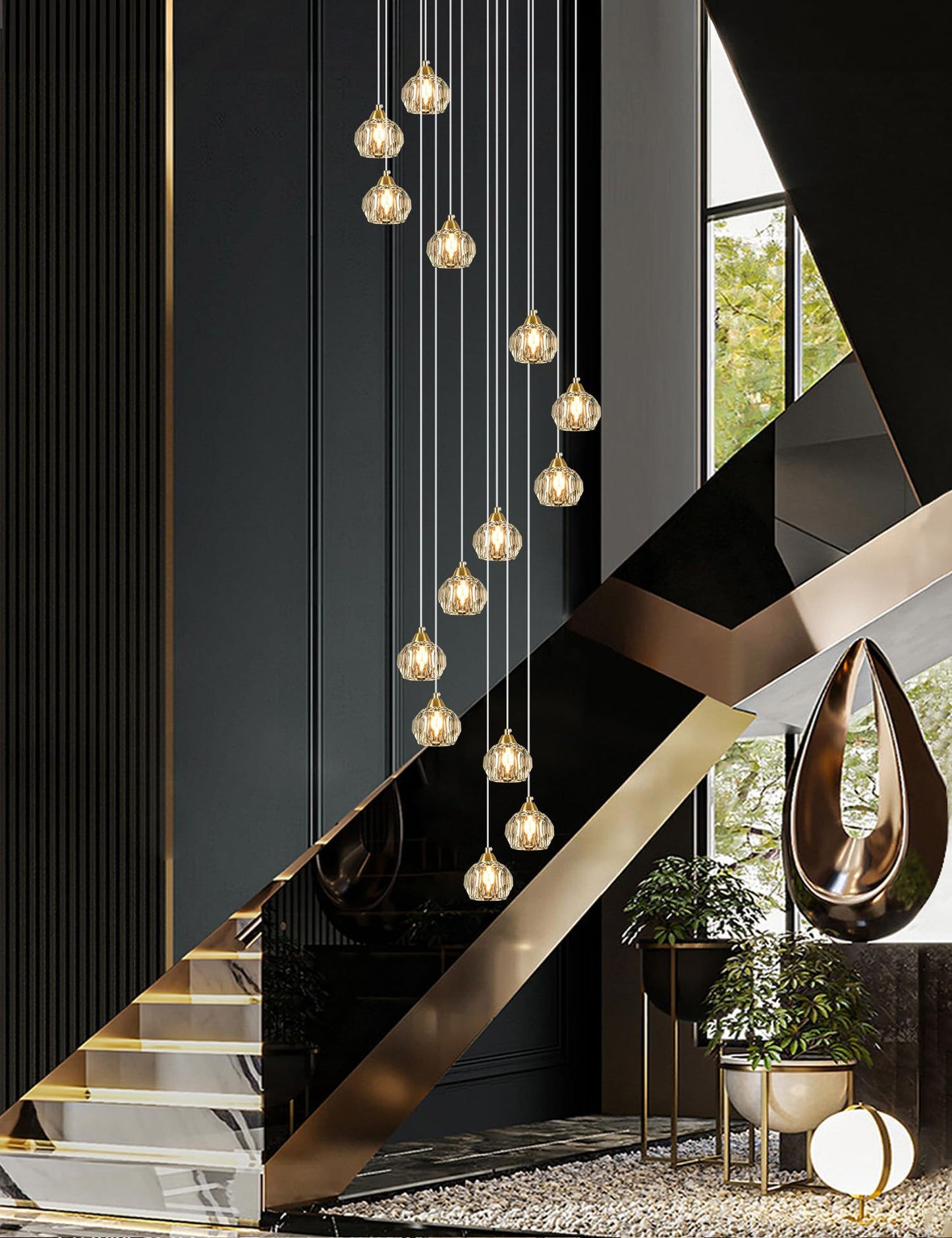 Weesalife Crystal Chandelier, 14-Light Brass Pendant Light Fixture for Living Room, Kitchen, Foyer, Model 8817-12C BR