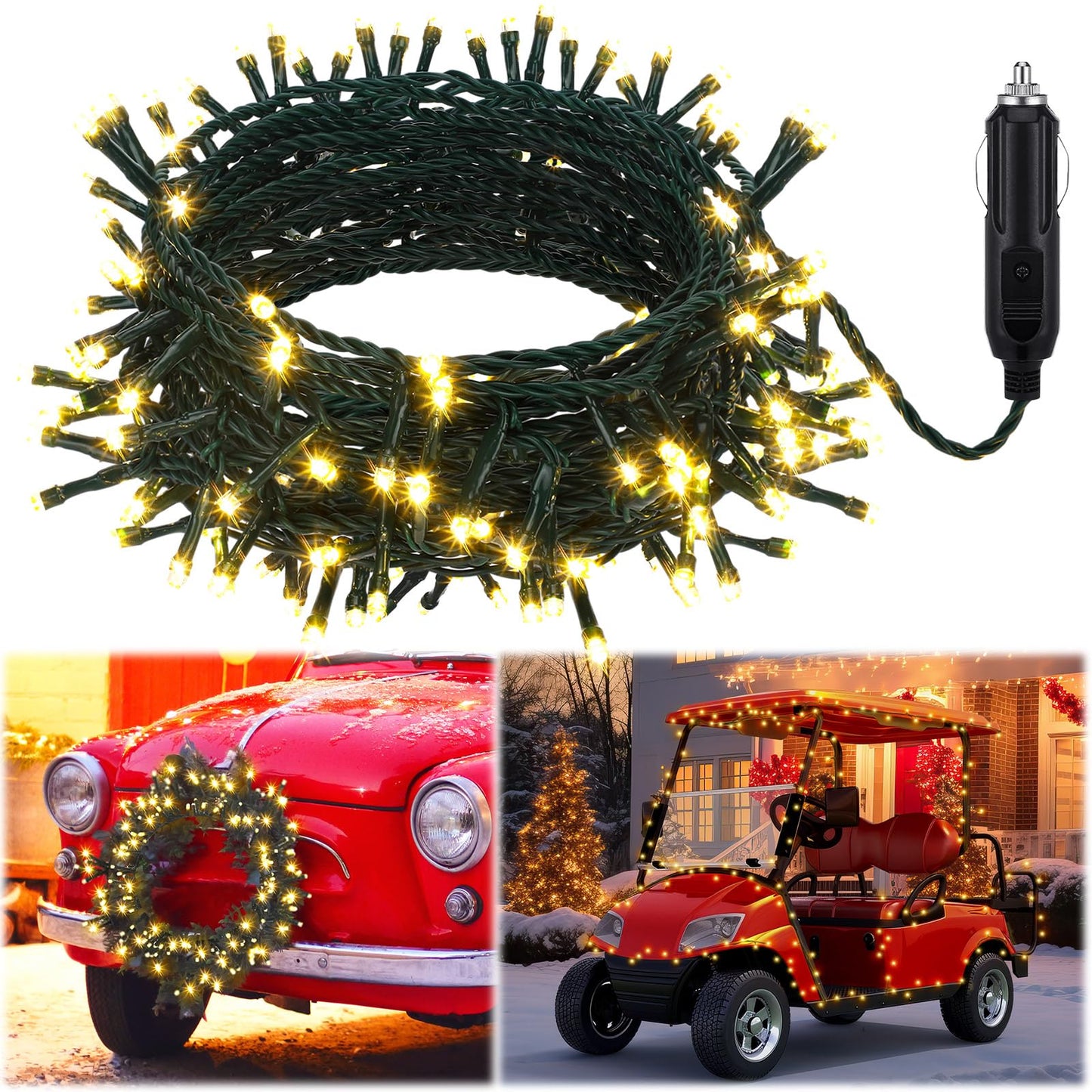 Aurelema 12V Christmas 66 Ft Car Led String Light Golf Cart Decorations Warm Yellow Light String Waterproof Atmosphere Lighting Kits For Christmas Car Accessories