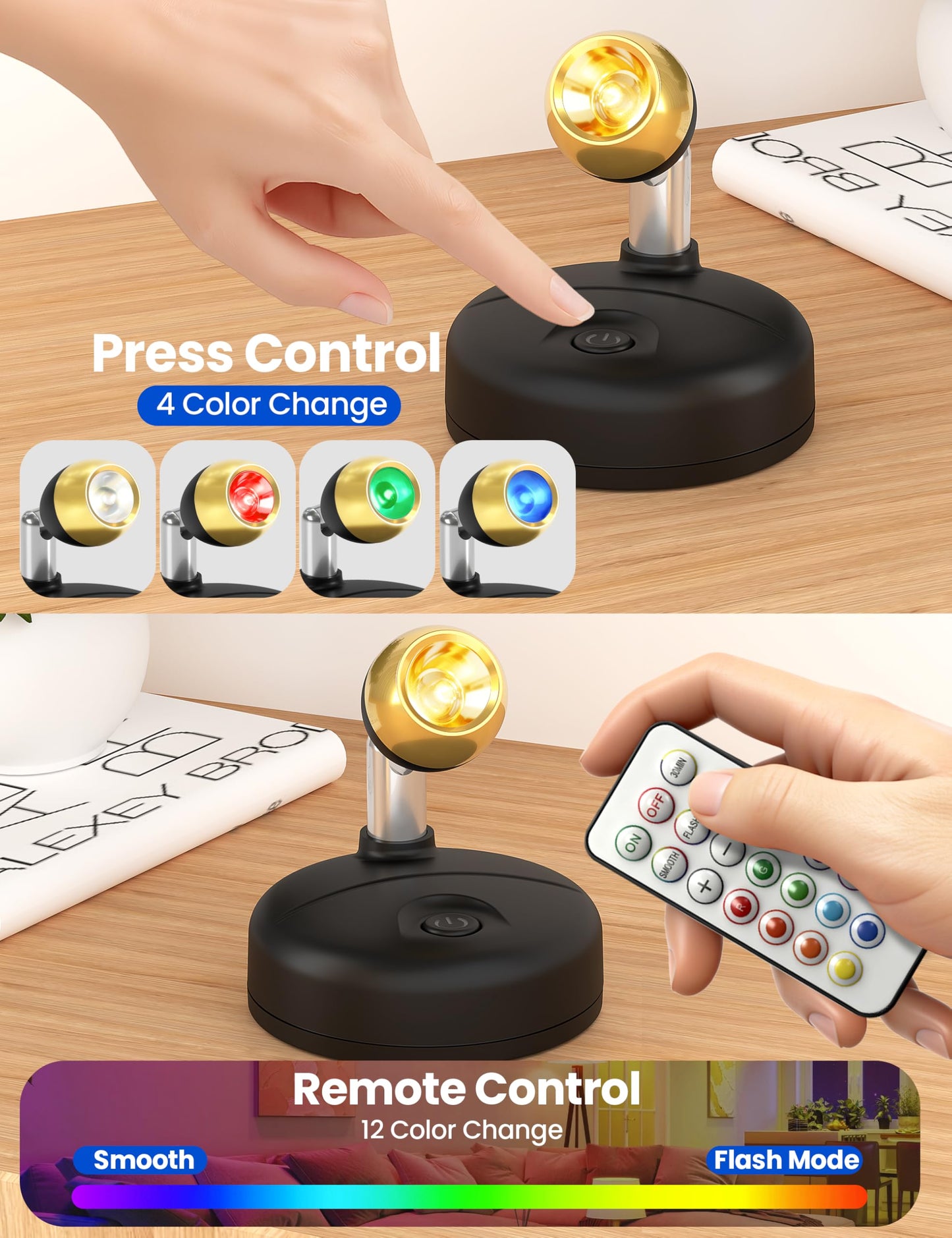 KINDEEP Mini Spotlight for Displays Indoor: LED Uplighting Wireless, RGB Spot Lights with Remote, Timer＆Dimmable, Picture Lights for Painting, Artwork, Accent Lighting, Black, 6 Pack