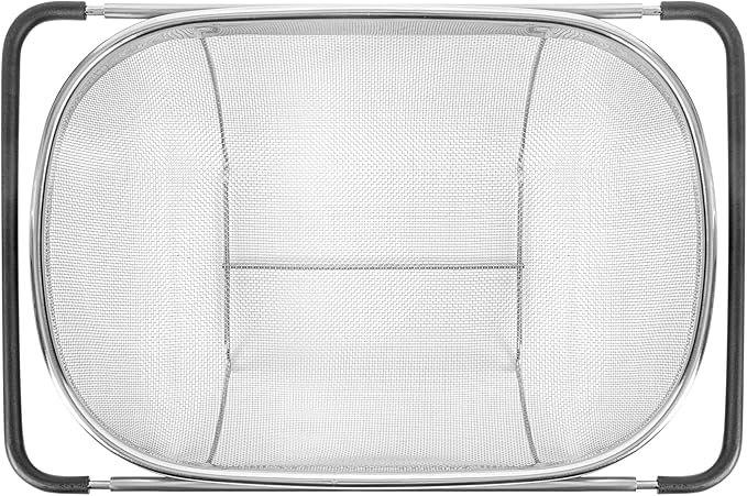 Restaurantware Colander 1 Count 5.5 qt Dishwasher-Safe Stainless Steel Coarse Mesh Colander with Over-The-Sink Expandable Handles Kitchen Strainer Basket for Pasta, Fruits, and Vegetables