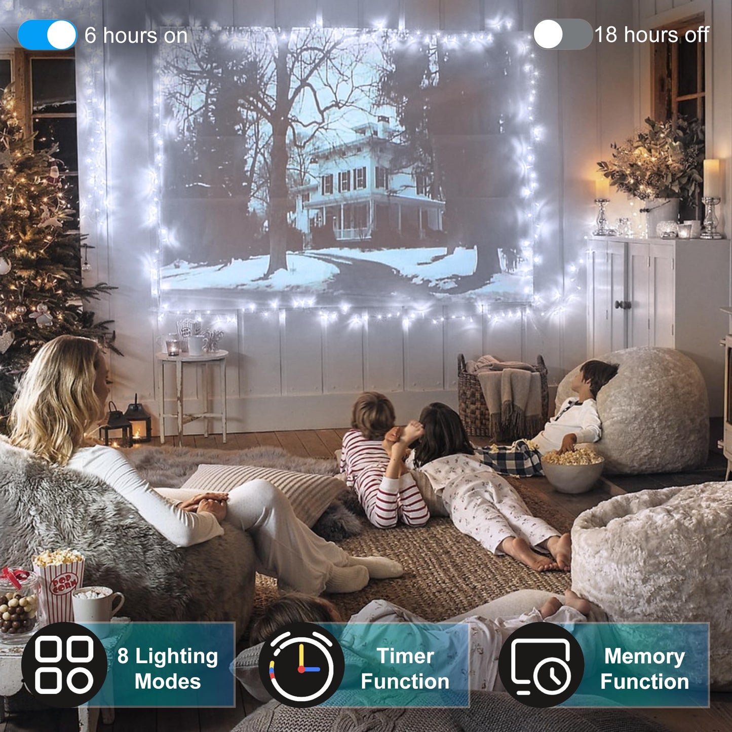 HRANBOTY 100 FT 300 LED String Lights, Cool White, 8 Modes, Connectable, Timer & Memory for Indoor/Outdoor Decor
