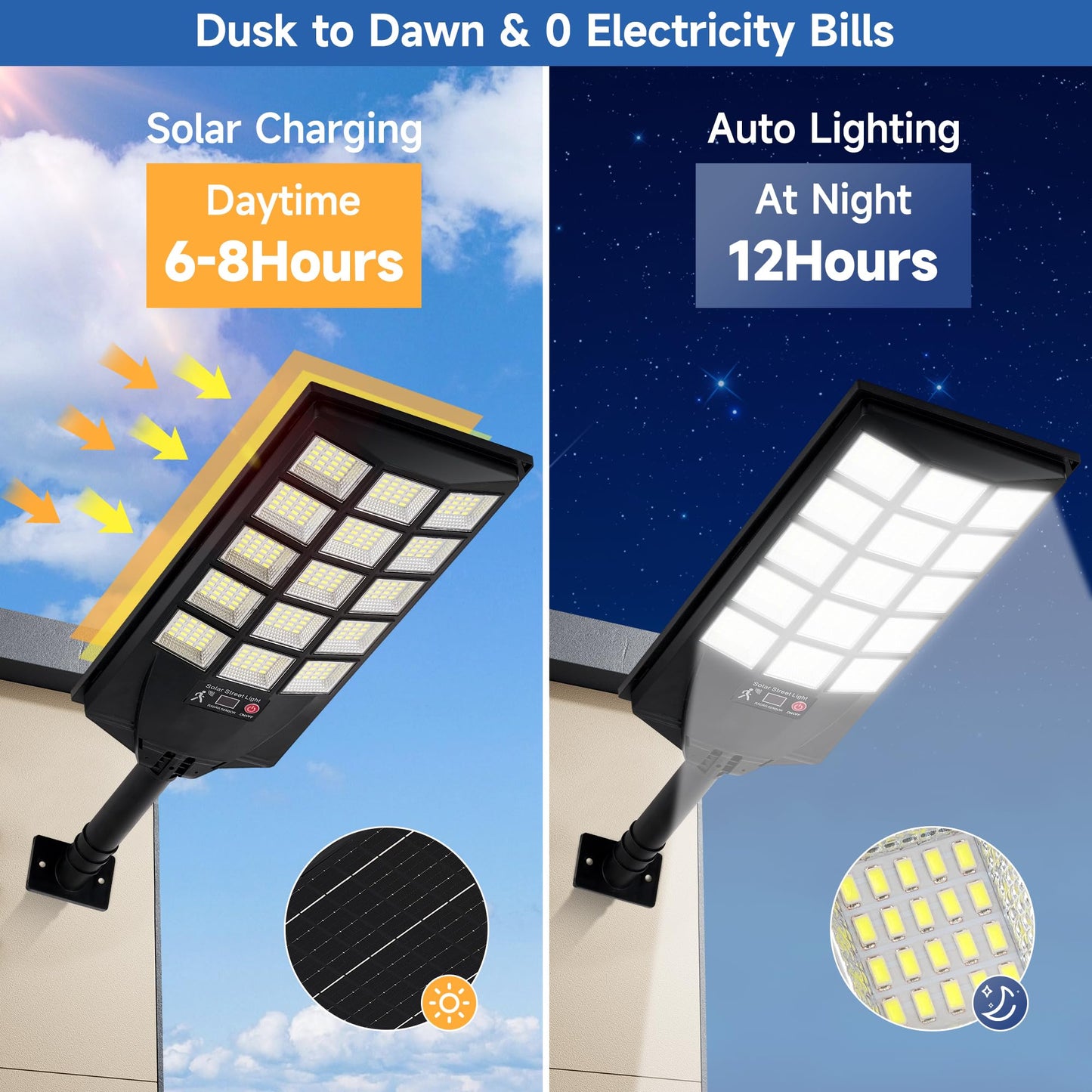 Aqraou Solar Street Lights Outdoor, Dusk to Dawn, Motion Sensor, Remote Control, 2-Pack, Black, Model Aqraou01