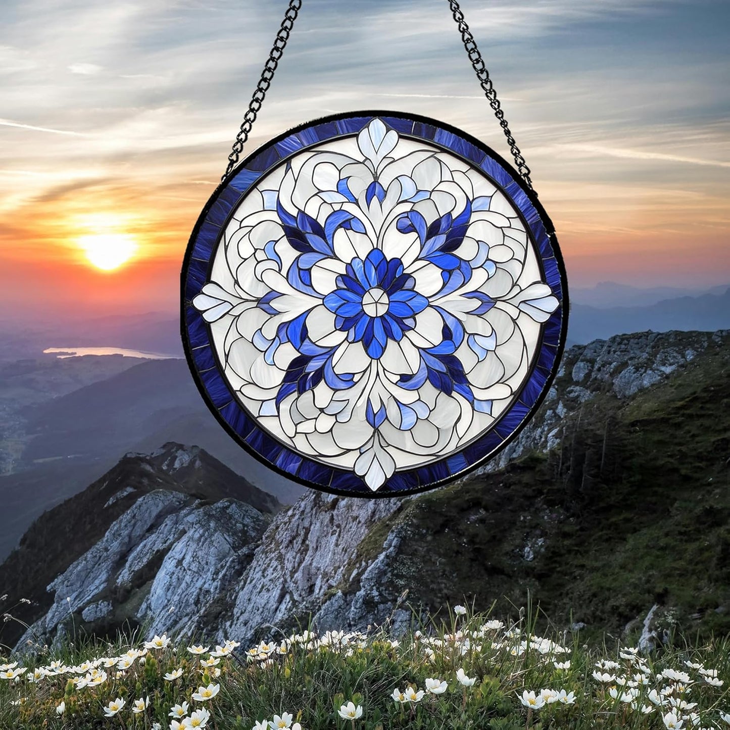 Stained Glass Window Hanging - Blue White Boho Flower Suncatcher for Door Garden Yard Sun Catchers Decor Christmas Mother's Day Birthday Gifts for Women Mom Nana Friend Teacher 11.8 in