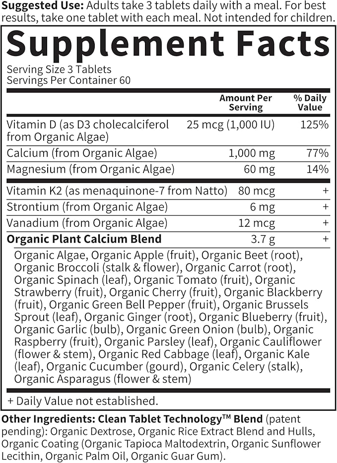 Garden of Life Organics Plant Calcium Supplement Made from Whole Foods with Magnesium, Vitamin D as D3, and Vitamin K as MK7, Gluten-Free - 60 Day Count