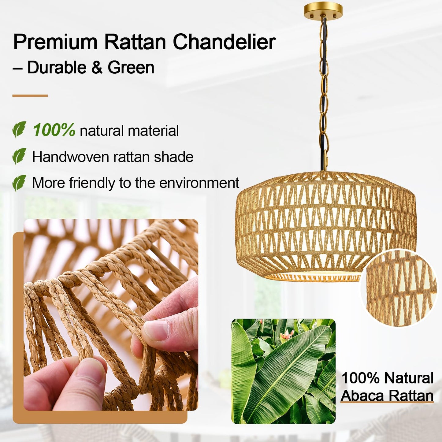 Farmhouse Gold Chandelier Light Fixture  5-Light Rustic Boho Chandeliers With Rattan & Linen Shade  Gold Hanging Lighting For Dining Room  Kitchen Island  Bedroom (Bulbs Not Included)