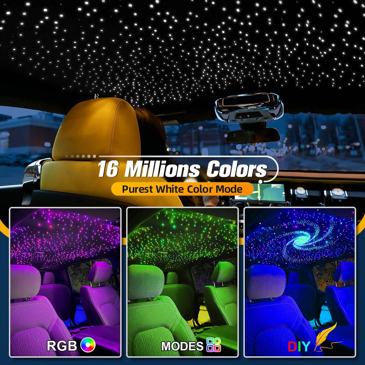 SUNKENET Twinkle Starlight Headliner Kit, 225pcs Fiber Optic Lights, 9.8ft, Bluetooth Control, RGBW, Model QJ-L006