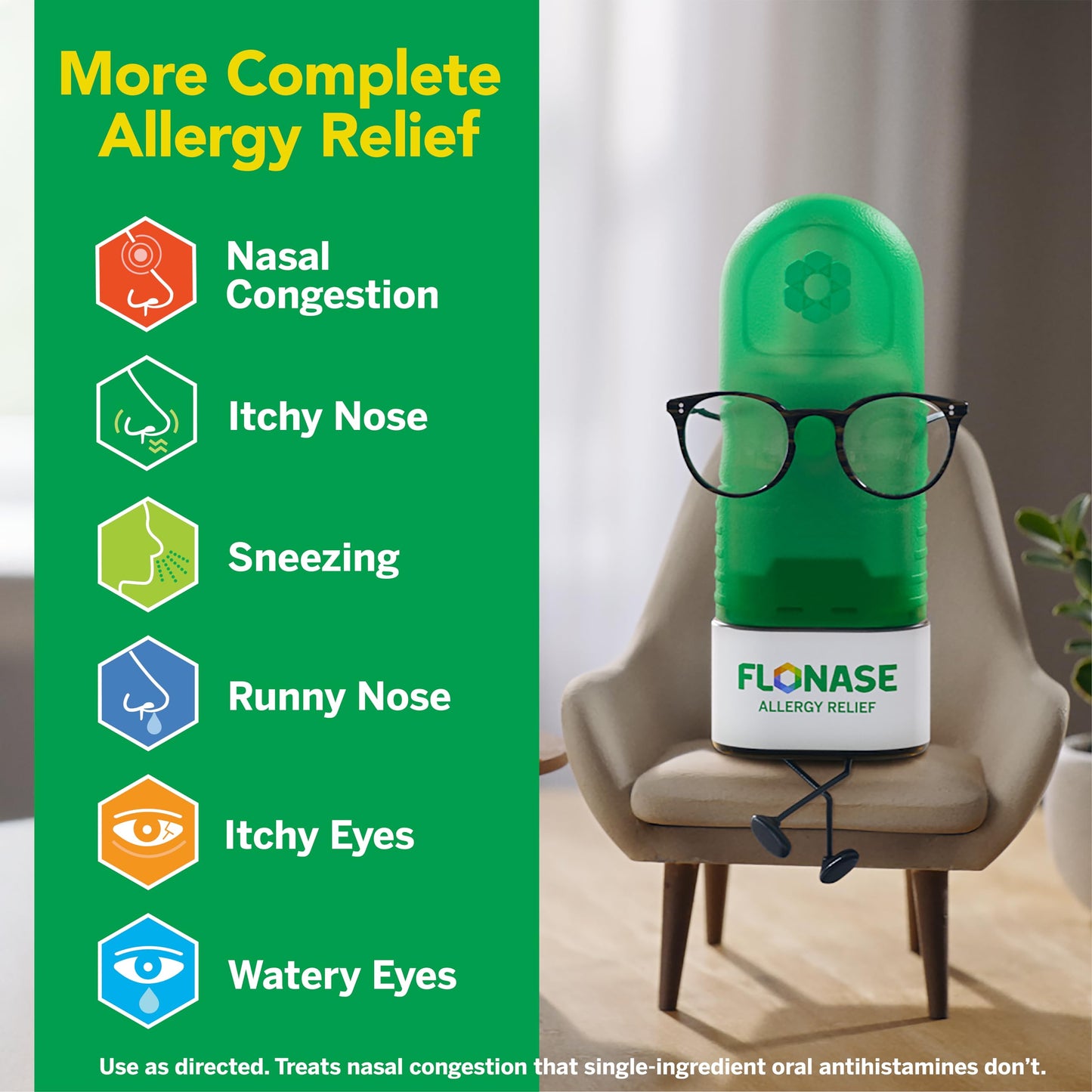 Flonase Allergy Relief Nasal Spray, 24-Hour Non-Drowsy Multi-Symptom Relief 144 Sprays (Pack of 2) plus Bonus Pack of Tissues