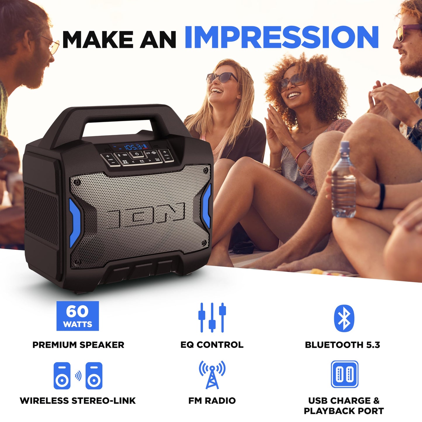 Ion Tailgater Boom - Outdoor Portable Bluetooth Speaker With Mic In, Fm Radio, Usb Port, Battery, Ipx5 Water-Resistant, Wireless
