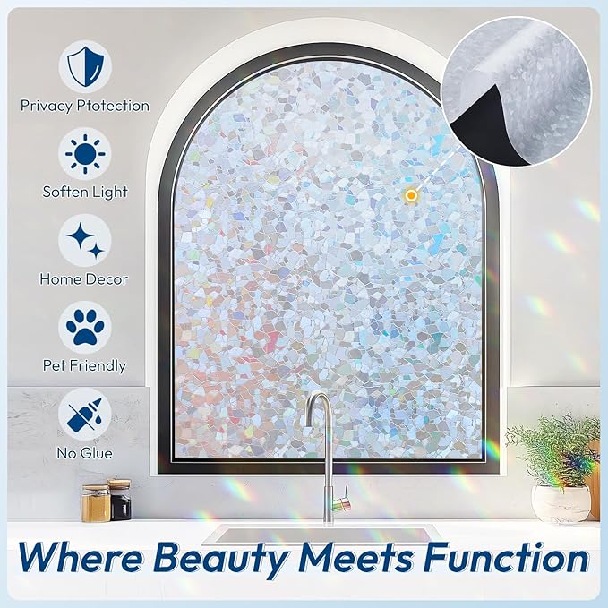 rabbitgoo Rainbow Window Privacy Film Decorative Stained Glass Diamond Pattern Window Sticker with Iridescent Tint Non-Adhesive Static Cling for Home Office Crystal Pattern, 17.5 x 157.4 inch