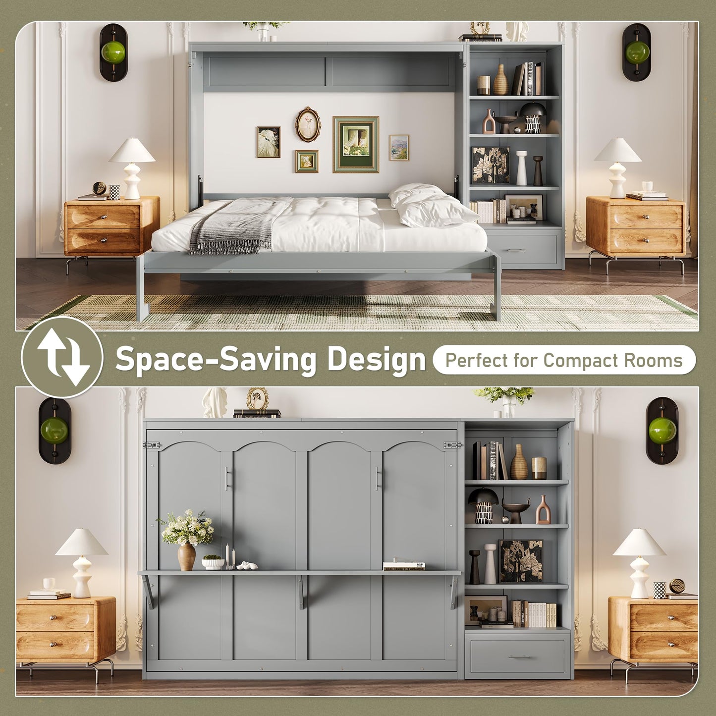 Merax Queen Murphy Bed with 3 Height Adjustable Storage Shelves & 1 Drawer, Wall Bed Frame Multifunctional Foldable Platform Bed for Small Space, Bedroom, Guest Room, Bear 500LBS (Gray)