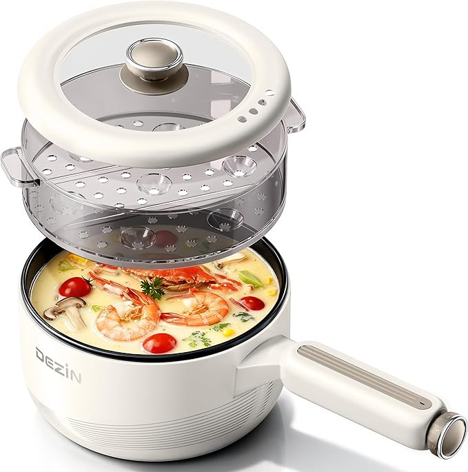 Dezin Electric pot with Steamer, 2L Non-Stick Sauté Pan, 5-in-1 Multifunctional Hot Pot Electric for Steak, Fried Rice, Oatmeal, Soup, Dual Power Control, Portable Pot for Dorm, Office & Small Kitchen
