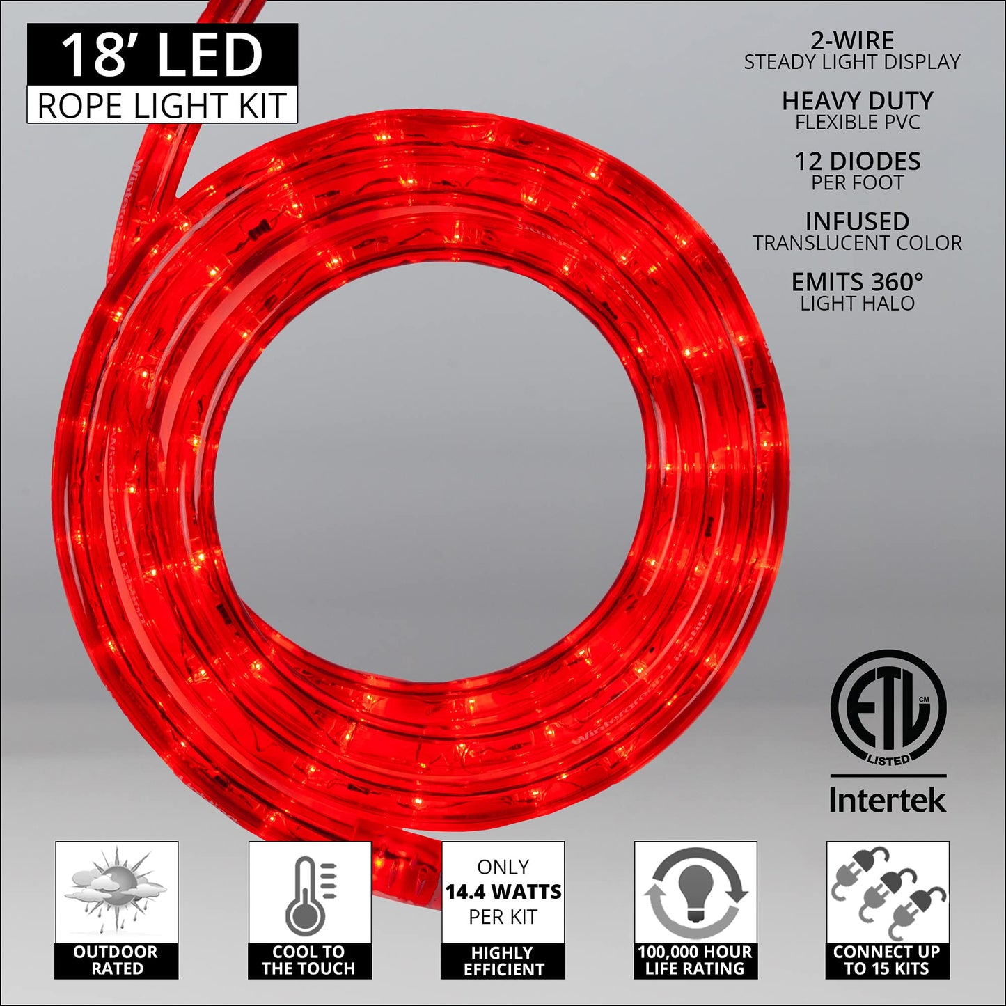 Wintergreen Lighting 18 Led Red Rope Light  Flexible Rope String Light Outdoor - Bedroom Led Light Rope  120V   Inch  2-Wire - Rope Light Clips And Power Cord Included